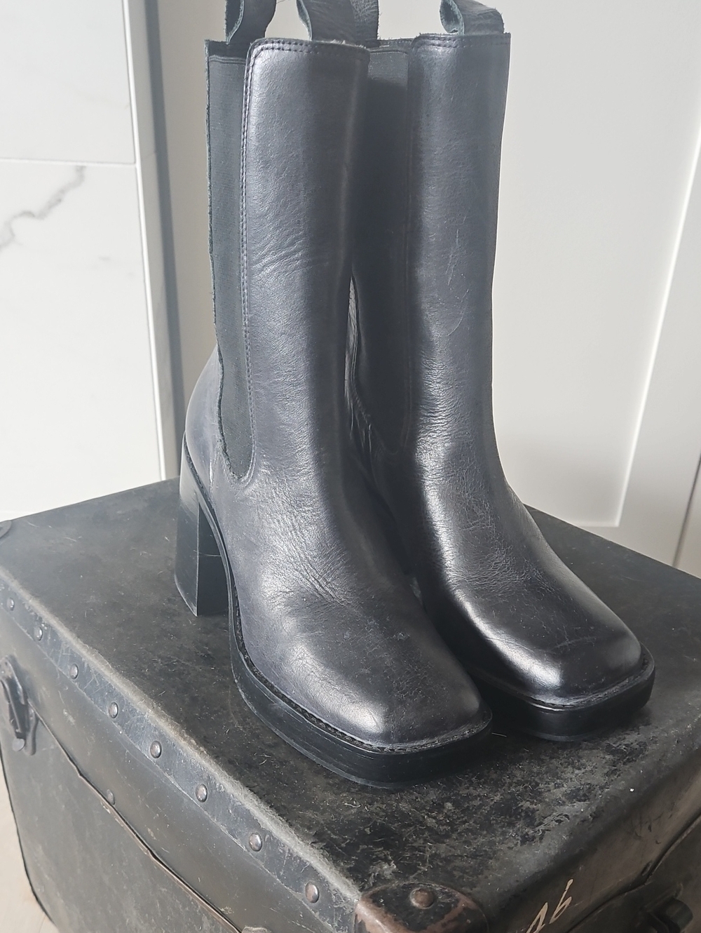 Black Leather Square-Toe Block Heel Boots - Women